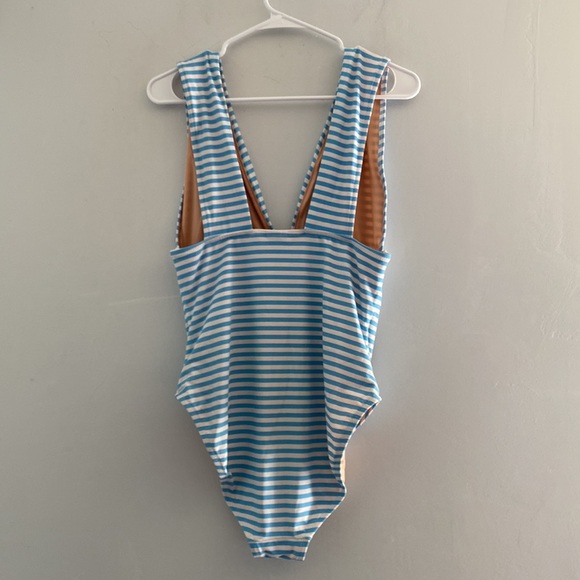 J. Crew One Piece Swimsuit Blue Stripe Plunge V-Neck Size Large - Picture 7 of 9